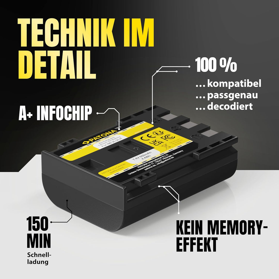 PATONA 2X Akku Ersatz für Canon NB-2L, NB-2LH Battery Pack 600mAh 4.4Wh | Ersatzakku für EOS 350D 40