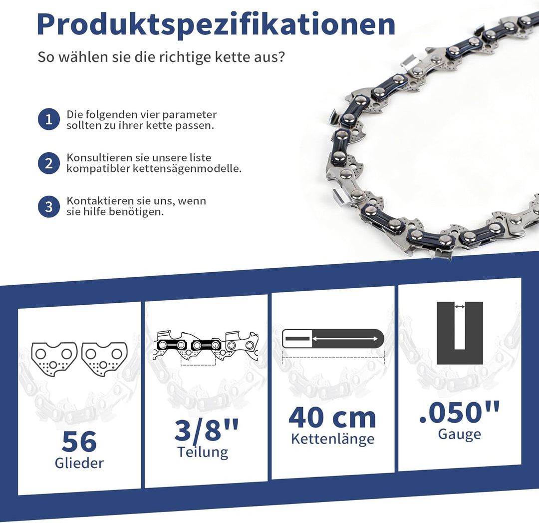 3er-Pack Sägekette 40cm (15.7 in) 3/8" LP 1.3mm 56 TG Kettensäge Kette für Elektro, Sägekette Kompat