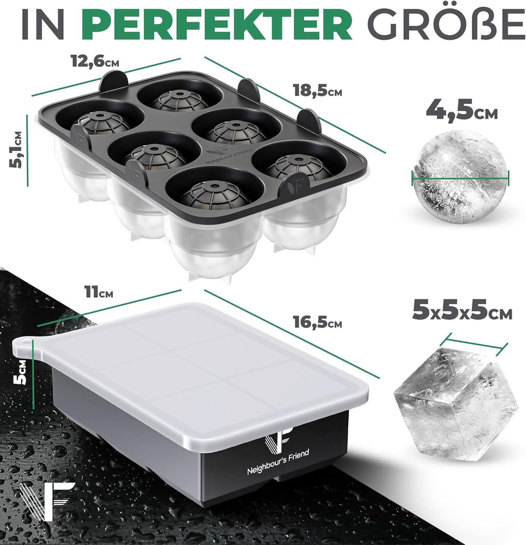 Neighbour's Friend Patentierte Eiskugelform mit XXL Eiswürfelform - Grosse Eiswürfelform rund Platin