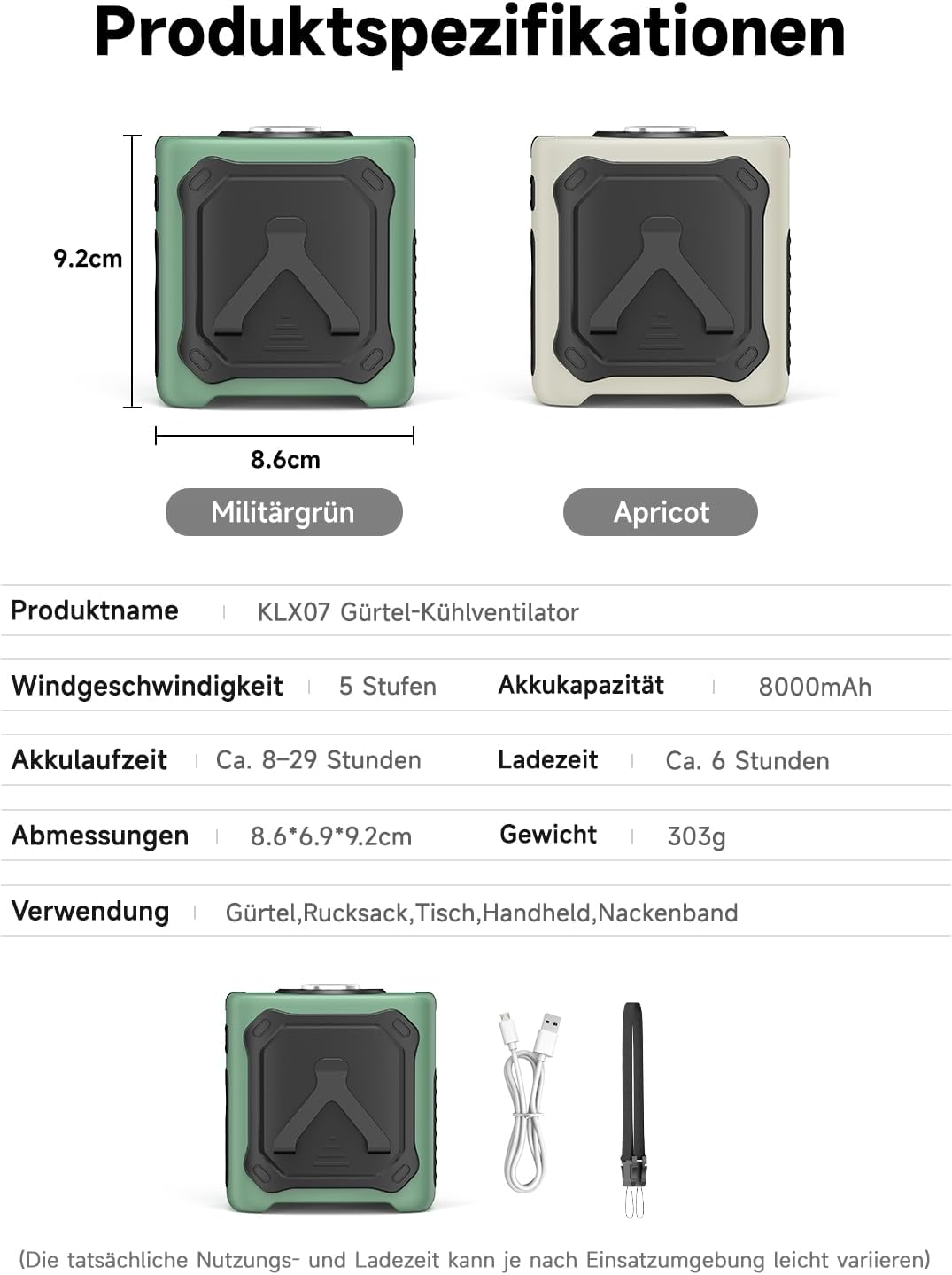 2026 Kühlung Tragbarer Taillenventilator,8000mAh 29H Laufzeit USB C Wiederaufladbar,5 Geschwindigkei
