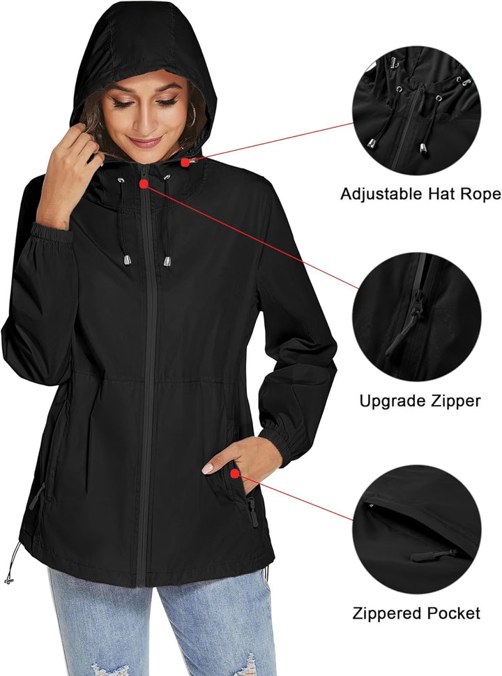 iWoo Regenjacke Damen Wasserdicht Atmungsaktiv Dünne Regenmantel Leichte Jacke Outdoorjacke Windbrea