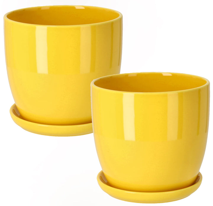 KOTARBAU® 2er Set Keramik Blumentopf Übertopf für Blumen Pflanzen ⌀ 13 cm mit Tropfschale Gelb