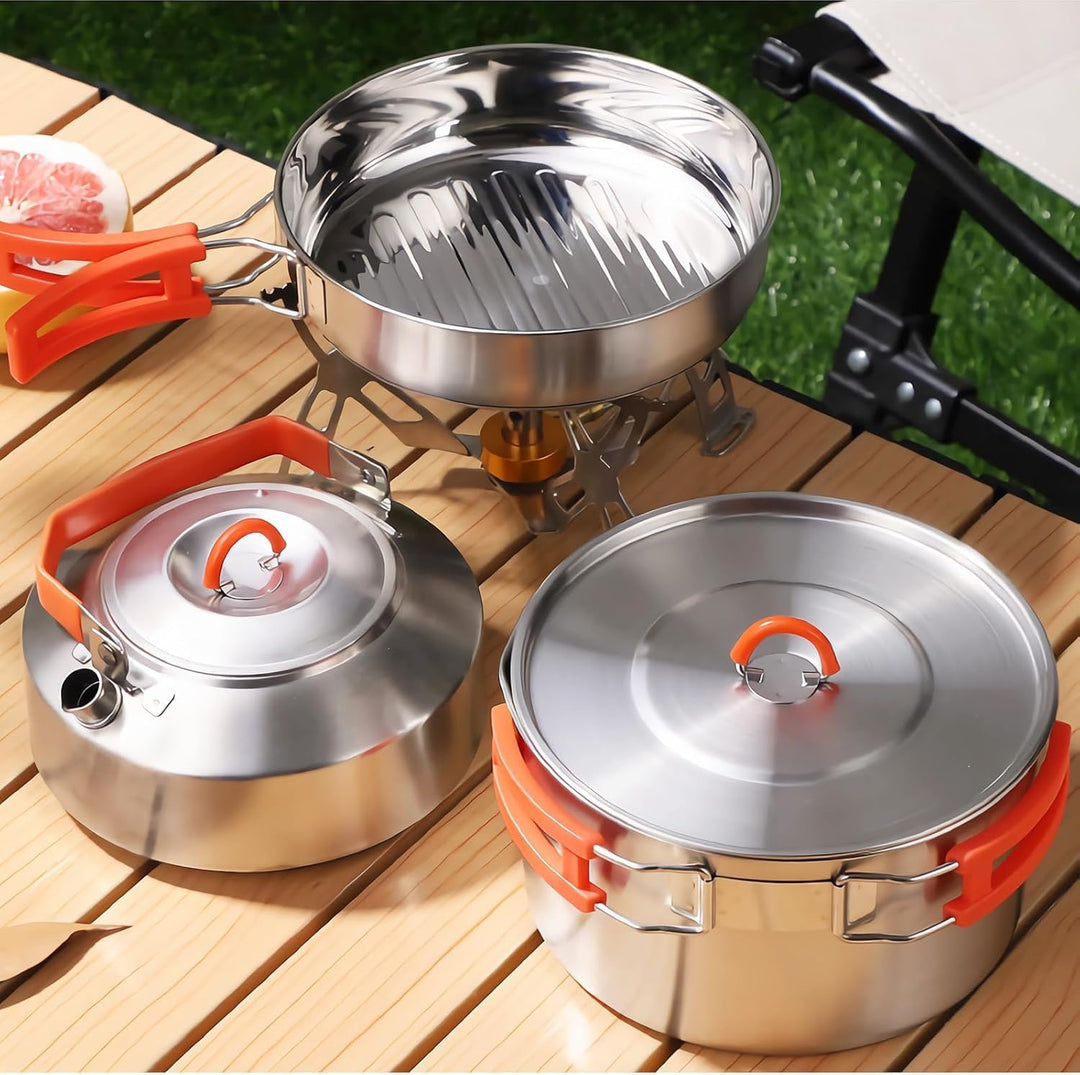 Camping Kochset, Camping Kochgeschirr Set, 304 Edelstahl Camping Töpfe und Pfannen Set, beinhaltet T