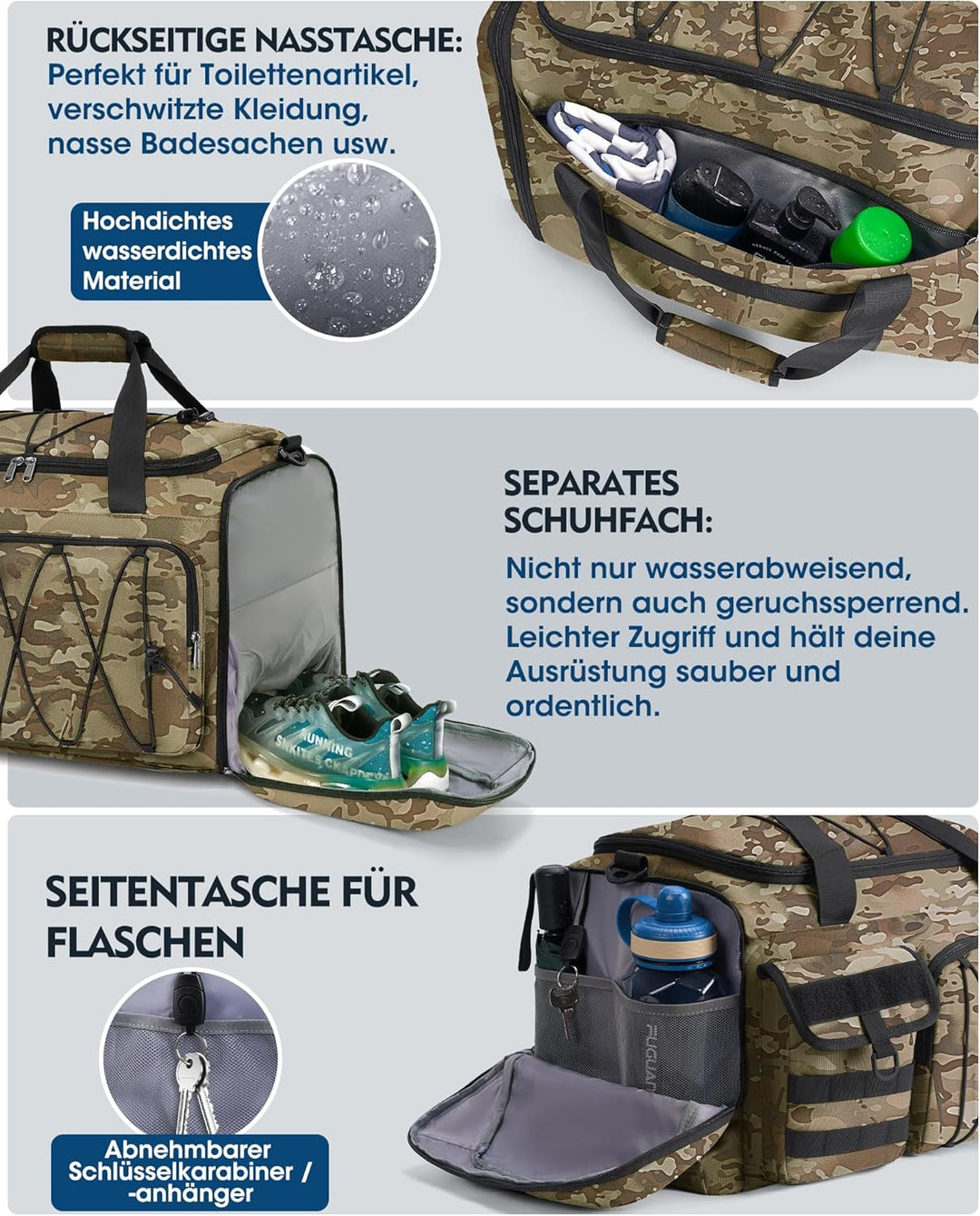 RAINSMORE 45L Sporttasche Herren Damen, 3-IN-1 Reisetasche mit Schuhfach Nassfach, Wasserdicht Gym D