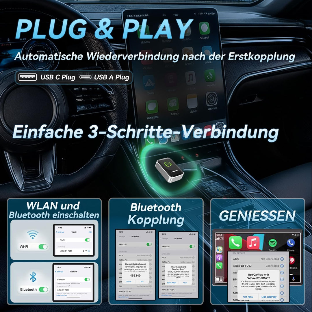 Wireless CarPlay Adapter,Android Auto Wireless Adapter,Plug & Play,Auto-Reconnect,Mini & Stabiler 2-