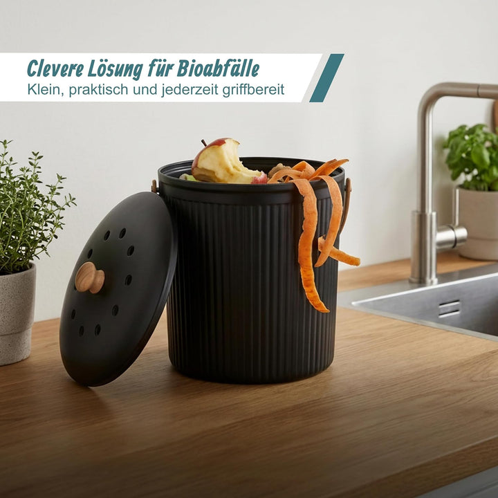Relaxdays Komposteimer Küche, 5,6 Liter, 2 Aktivkohlefilter, schwarz | Deckel, Bambus-Henkel, Polyre