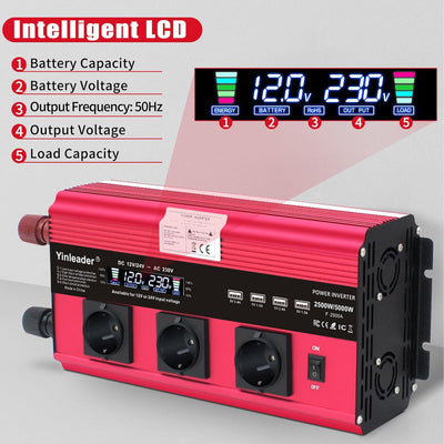 Yinleader Wechselrichter 12V/24V zu 230V 2500W / 5000W Spannungswandler 3 AC Steckdosen und 4 USB-An