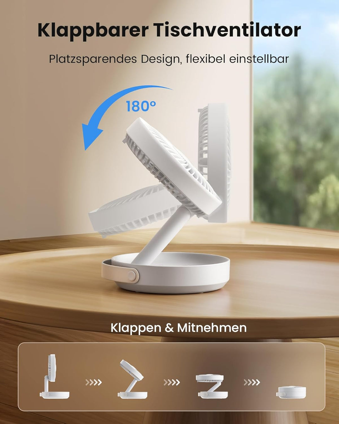 Gaiatop Faltbare Tischventilator Tragbarer Ventilator, 6000mAh Akku Ventilator mit Nachtlicht, 17CM