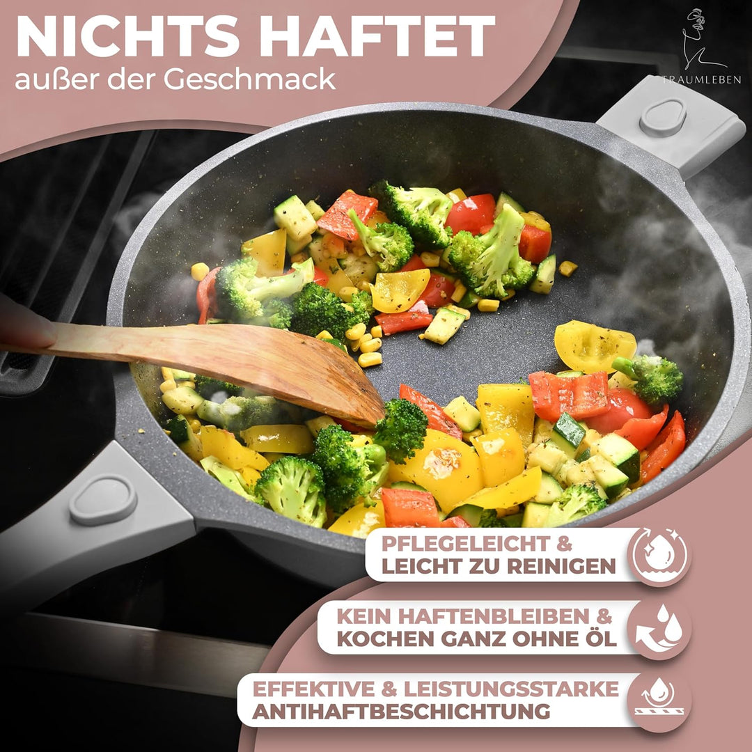 Bratpfanne 28 cm mit Deckel, abnehmbaren Griffen & Antihaftbeschichtung, PFOA-frei, für Induktion ge
