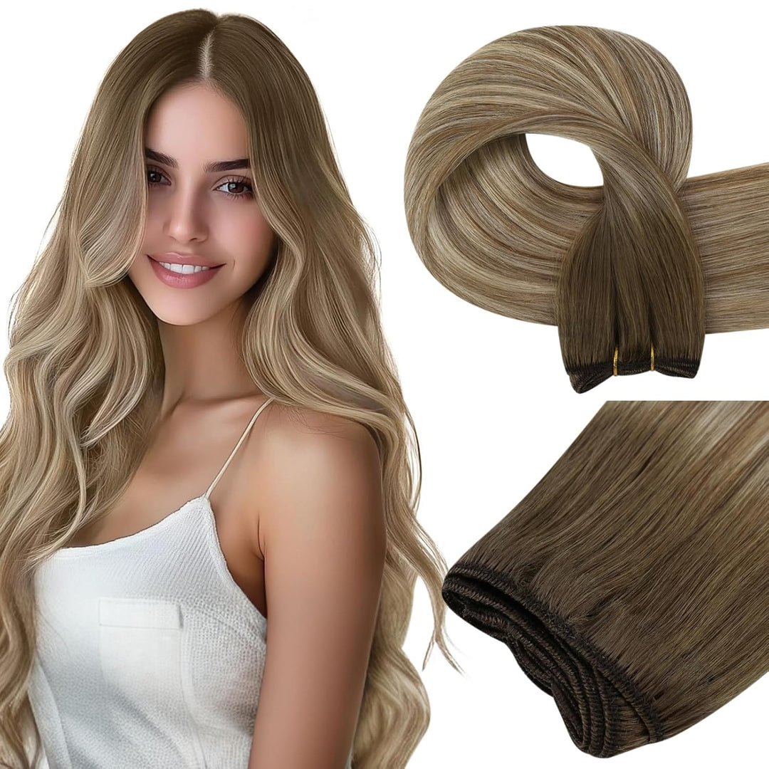Easyouth Tressen Extensions Echthaar Remy Ombre Blond Tressen Echthaar Mittelbraun Mix Platin Blond