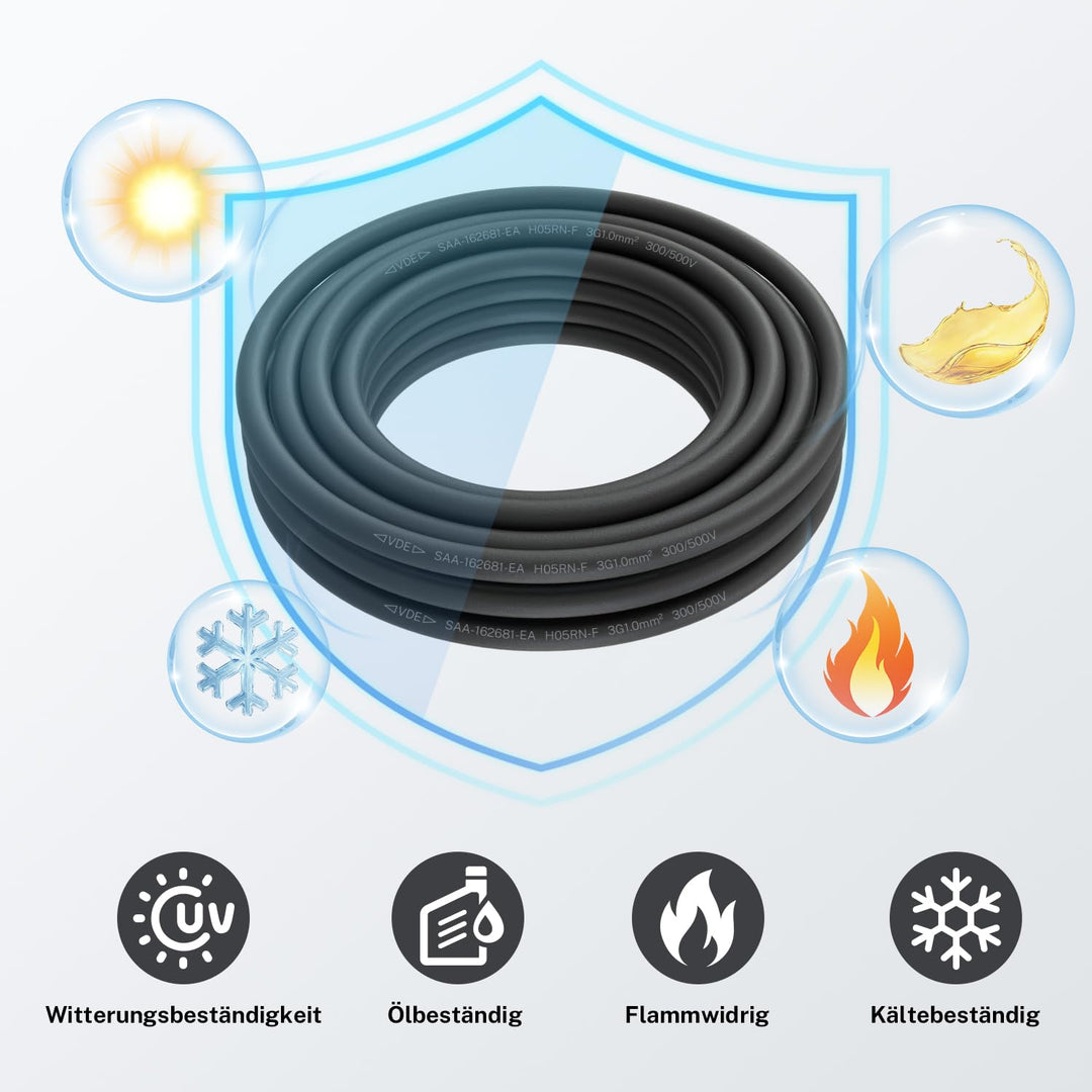 Firmerst Gummikabel 3x1mm² Stromkabel Aussenbereich 5 Meter, Wetterfest und Flexibel für Gartenbeleu