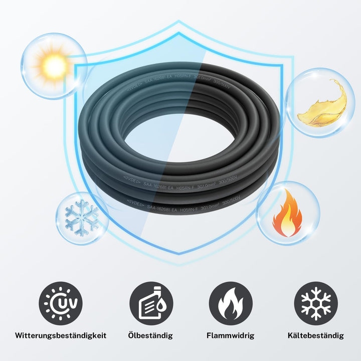 Firmerst Gummikabel 3x1mm² Stromkabel Aussenbereich 5 Meter, Wetterfest und Flexibel für Gartenbeleu