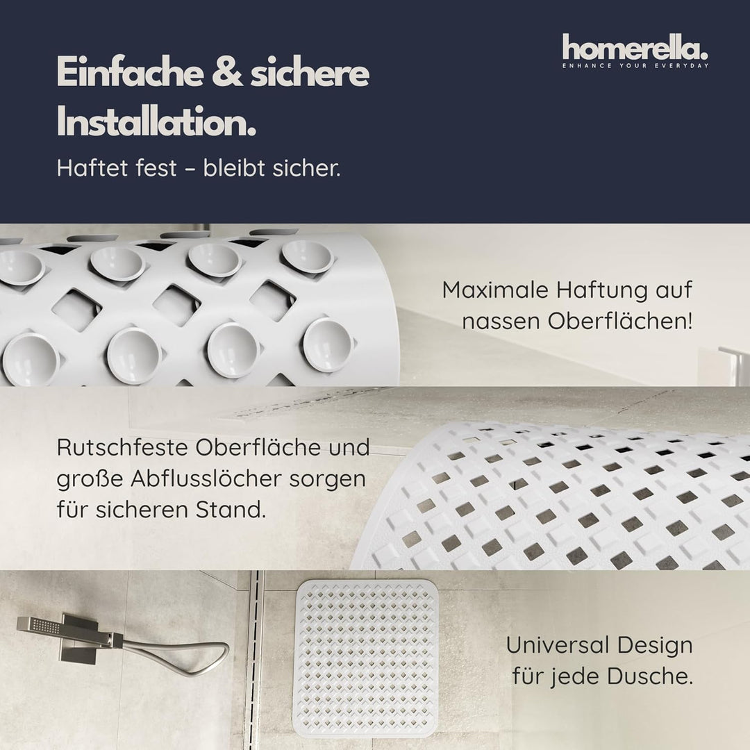 Homerella Duschmatte rutschfest 53x53 cm Dusche - mit 2 Klebehaken Weiss | Fester Halt auf glatten D