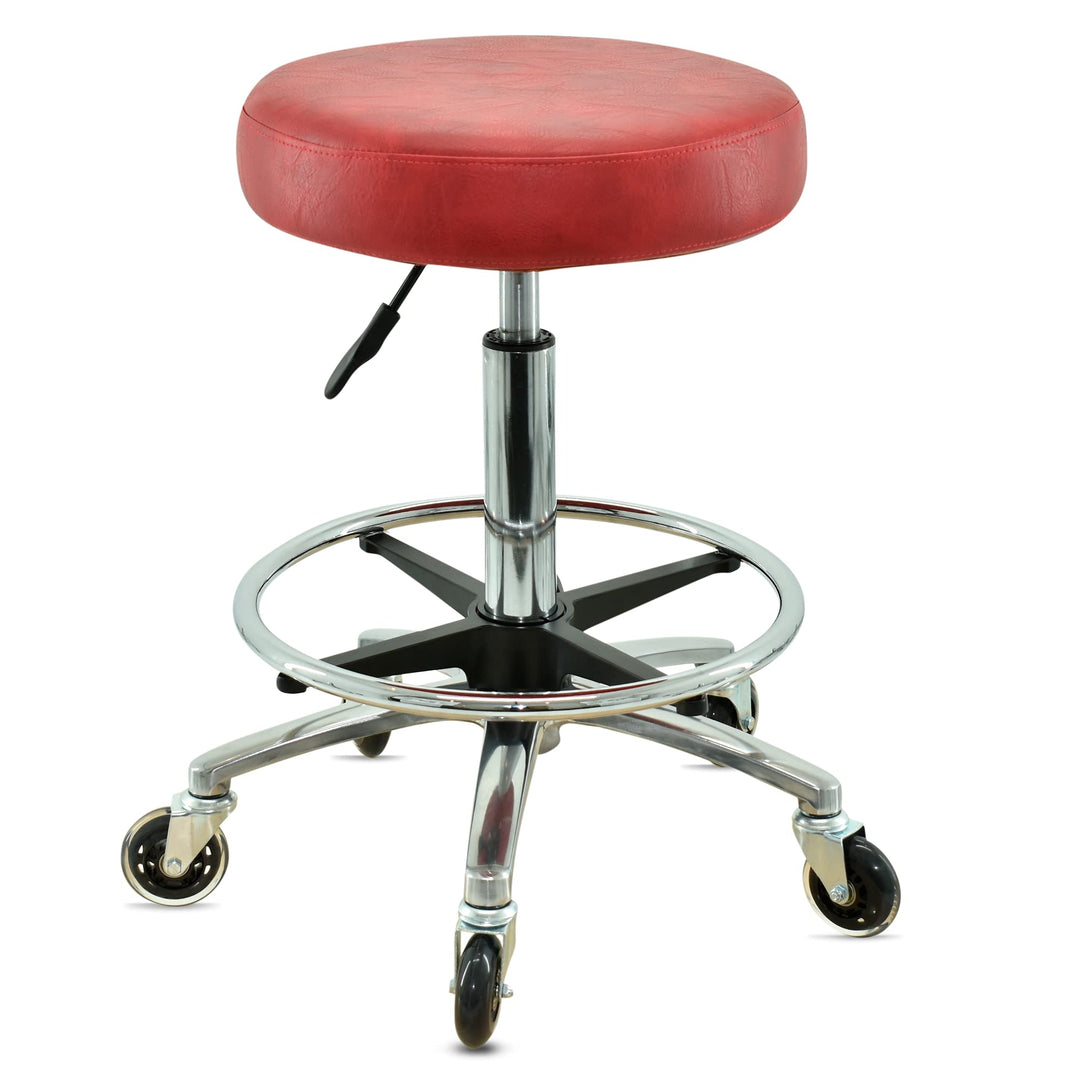 Premium Rollhocker Rot mit Fussring - Höhenverstellbar von 55-75 cm - Rundsitz Drehhocker Arbeitshoc