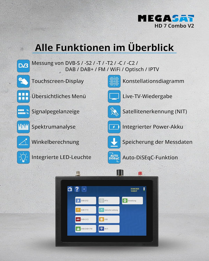 Megasat HD 7 Combo V2 – Messgerät (für DVB-S, DVB-S2, DVB-T, DVB-T2, DVB-C, DAB+, Live-TV Bild, Unic
