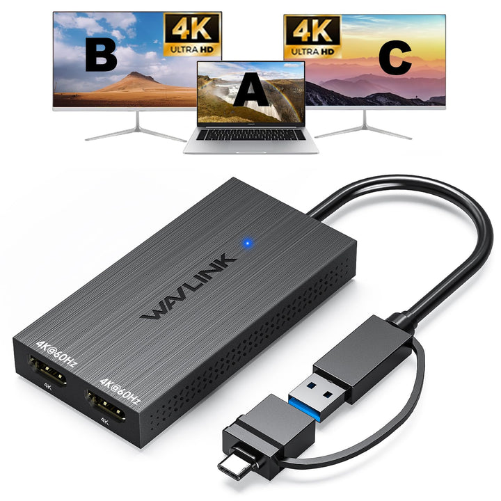 WAVLINK USB 3.0 / C Displaylink Adapter Dual HDMI 4K 60Hz for Dual Monitors, USB A/C to HDMI 4K Outp