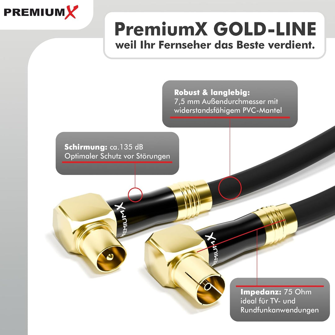 Premium X 20m Gold-Line TV Antennenkabel Schwarz Koax-Anschluss IEC Stecker - IEC Buchse 90° gewinke