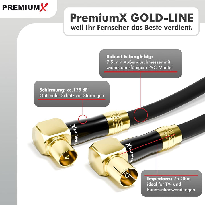 Premium X 20m Gold-Line TV Antennenkabel Schwarz Koax-Anschluss IEC Stecker - IEC Buchse 90° gewinke