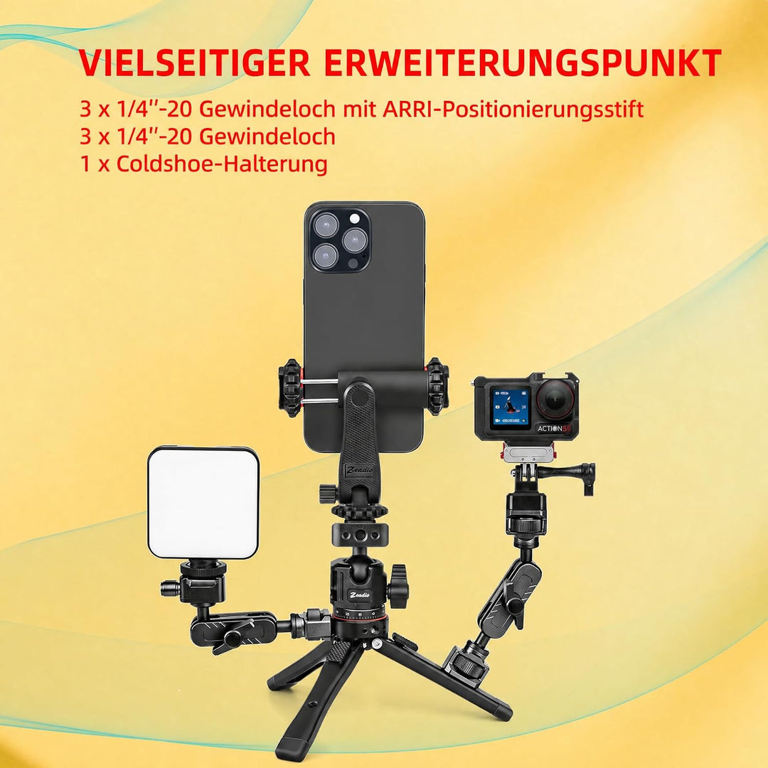 Zeadio Robustes Stativ-Set, 1/4" Adapter Stativgewinde, mit Handyhalter und Action-Cam-Adapter für i