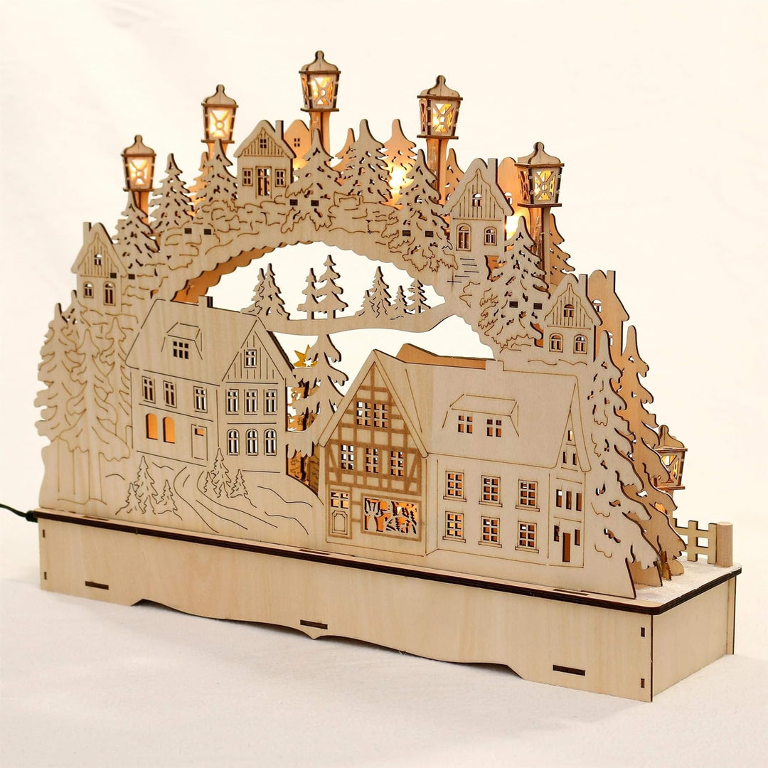 Dekohelden24 LED Holz Schwibbogen mit bewegtem Weihnachtsbaum, Motiv: Weihnachtsmann und Schneekinde