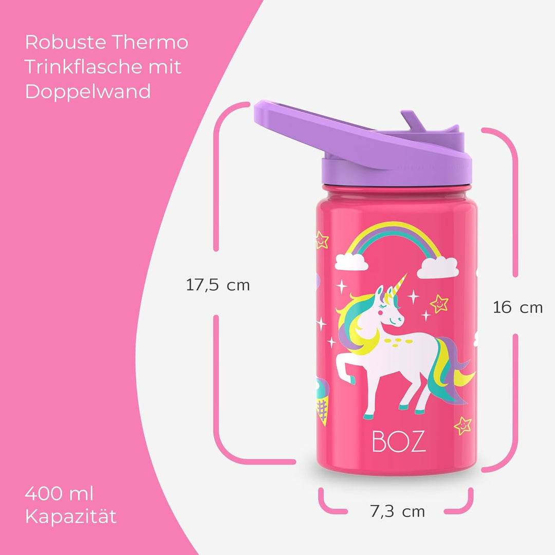 BOZ Kind Trinkflasche Kohlensäuregeeignet - Auslaufsichere Trinkflasche Edelstahl – Schule - Strohal
