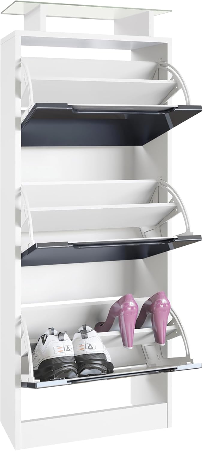 Vladon Schuhschrank Space V2, Schuhkipper für 12 Paar Schuhe mit 3 Klappen und Glasablage, Weiss mat