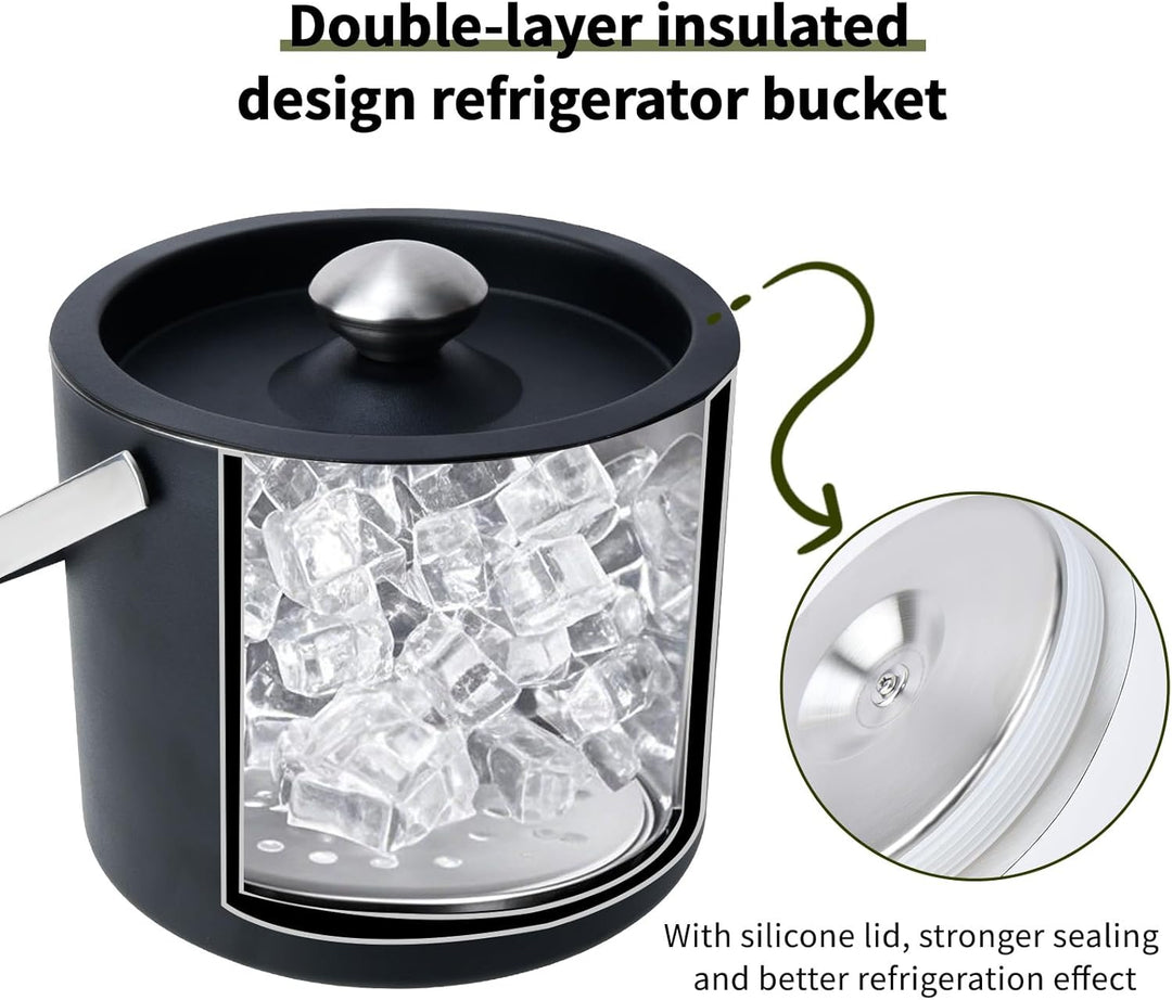 3L Moderner isolierter Eiskübel mit Silikondeckel,Edelstahl Eiswürfelbehälter,doppelwandiger Eiskübe