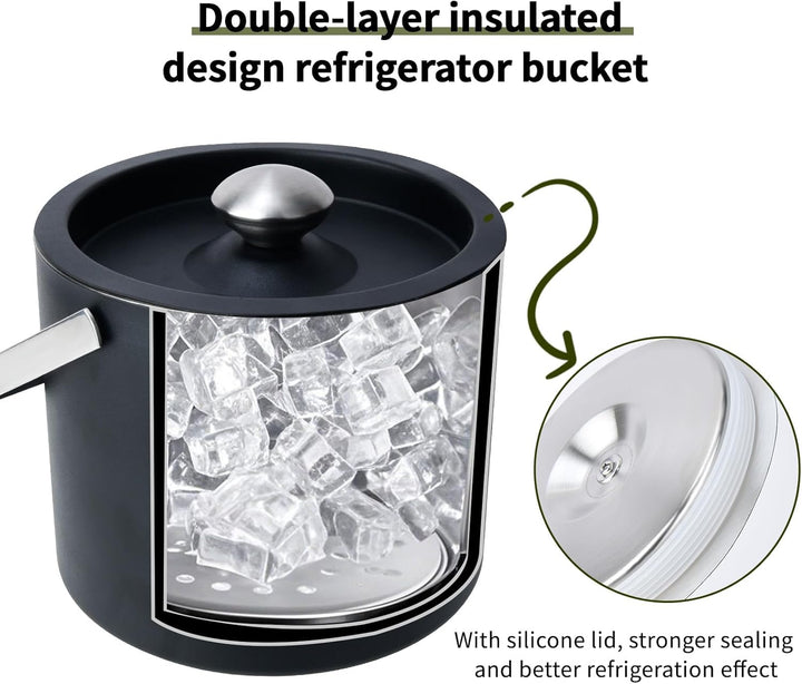 3L Moderner isolierter Eiskübel mit Silikondeckel,Edelstahl Eiswürfelbehälter,doppelwandiger Eiskübe