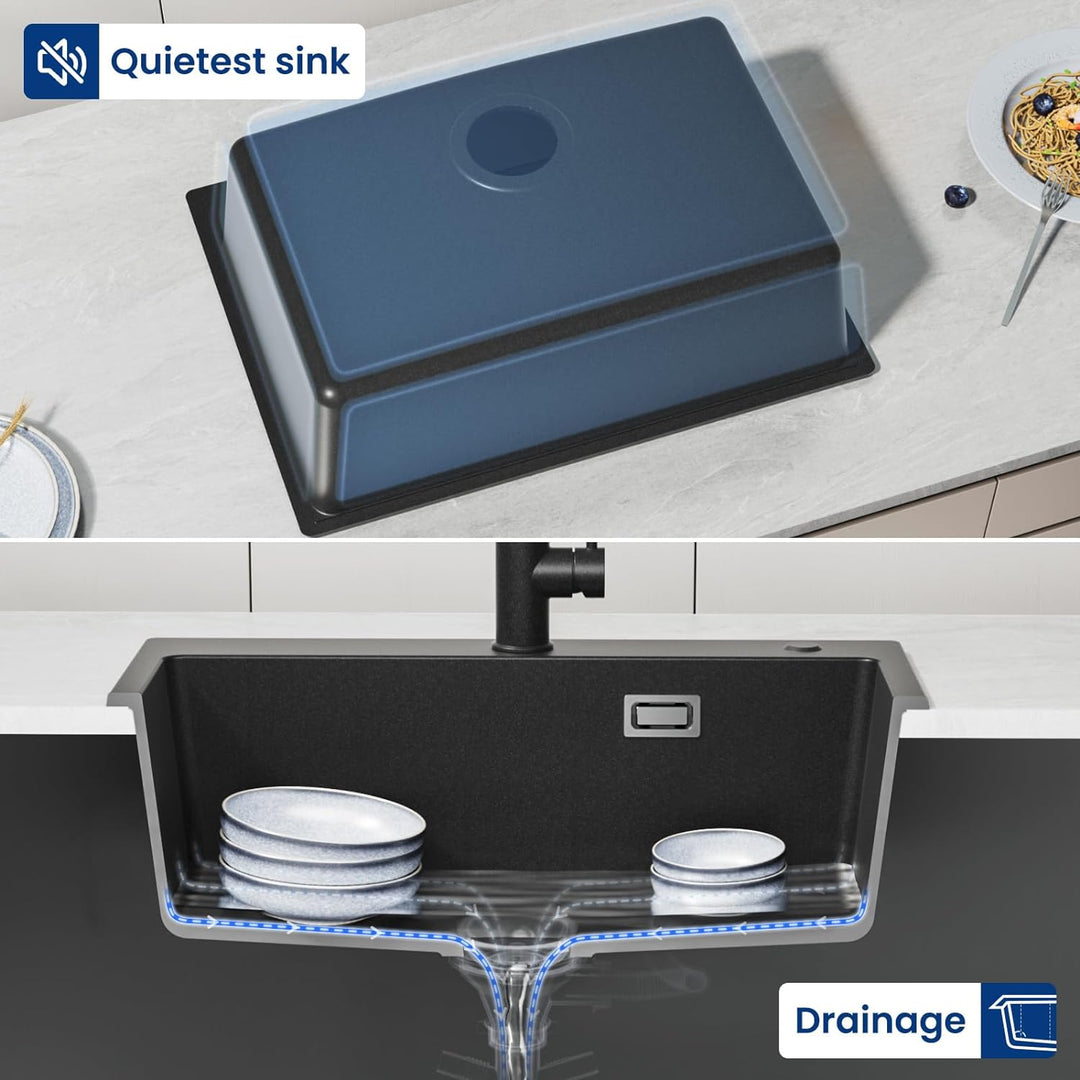 CECIPA Spülbecken Schwarz Granit 60 x 45 cm, Küchenspüle mit Siebkorb, Waschbecken Küche, Spüle Schw