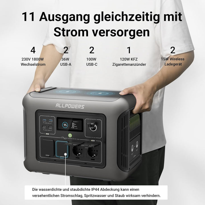 ALLPOWERS R1500 Tragbare Powerstation mit 200W Solarpanel, 1152Wh LiFePO4 Batterie mit 1800W AC Ausg