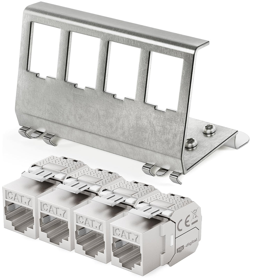hb-digital 4X CAT 7 Keystone Modul RJ45 Buchse STP 10 Gbit/s - werkzeuglos LSA - mit 1x 4-Port 35mm