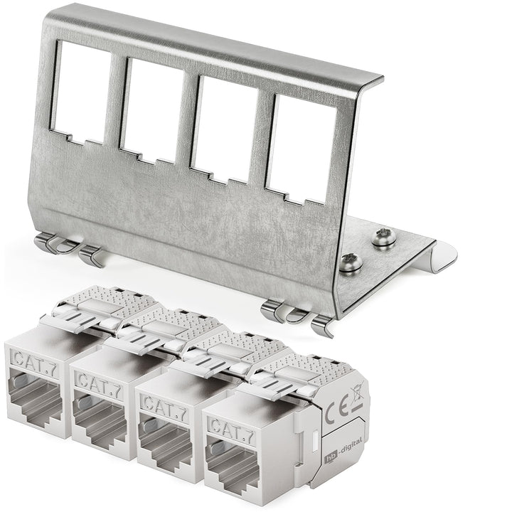 hb-digital 4X CAT 7 Keystone Modul RJ45 Buchse STP 10 Gbit/s - werkzeuglos LSA - mit 1x 4-Port 35mm