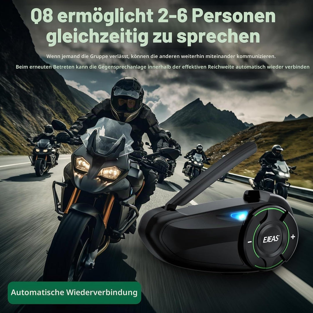 EJEAS Q8 Mesh Motorrad Bluetooth Headset, Helm Intercom für bis zu 6 Motorradfahrer Kommunikationssy