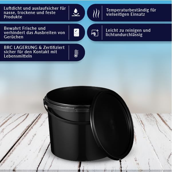 BenBow Eimer mit Deckel 5l Schwarz 50x 5 Liter - lebensmittelecht, stabil, luftdicht, auslaufsicher,
