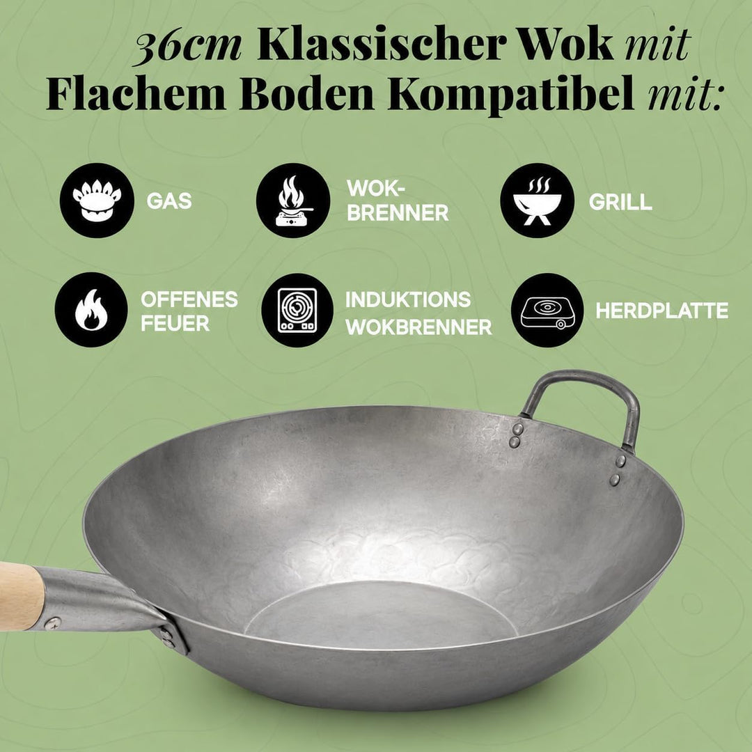 Homira Wok 36 cm handgehämmert aus Karbonstahl mit flachem Boden und Holzgriff – traditionelle PFAS-
