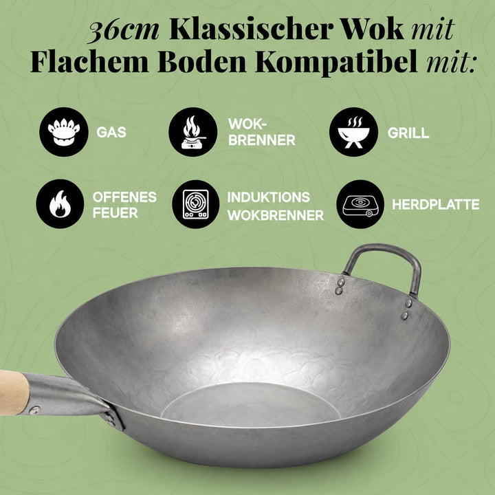 Homira Wok 36 cm handgehämmert aus Karbonstahl mit flachem Boden und Holzgriff – traditionelle PFAS-
