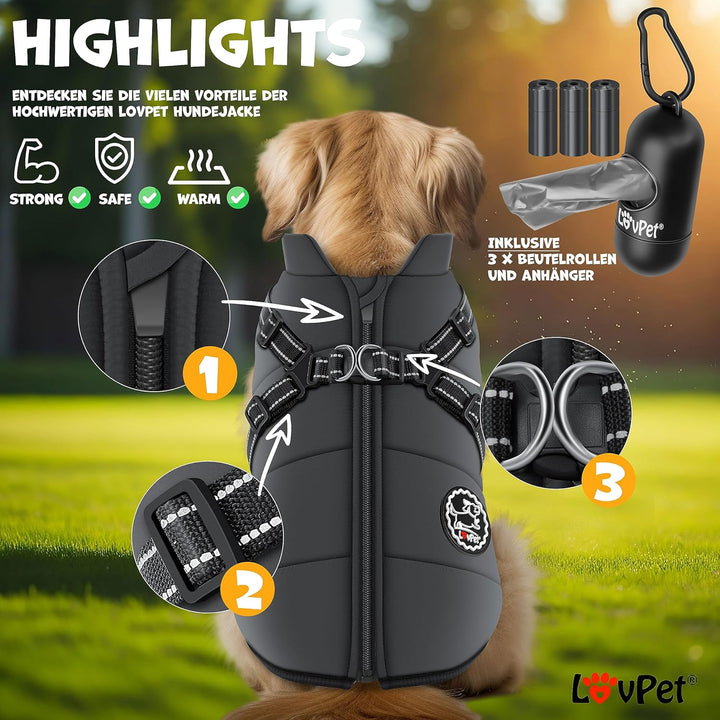 Hundejacke Hundemantel mit Geschirr, inkl. 45 Stück Kotbeutel + Spender, Hunde Winterweste gefüttert