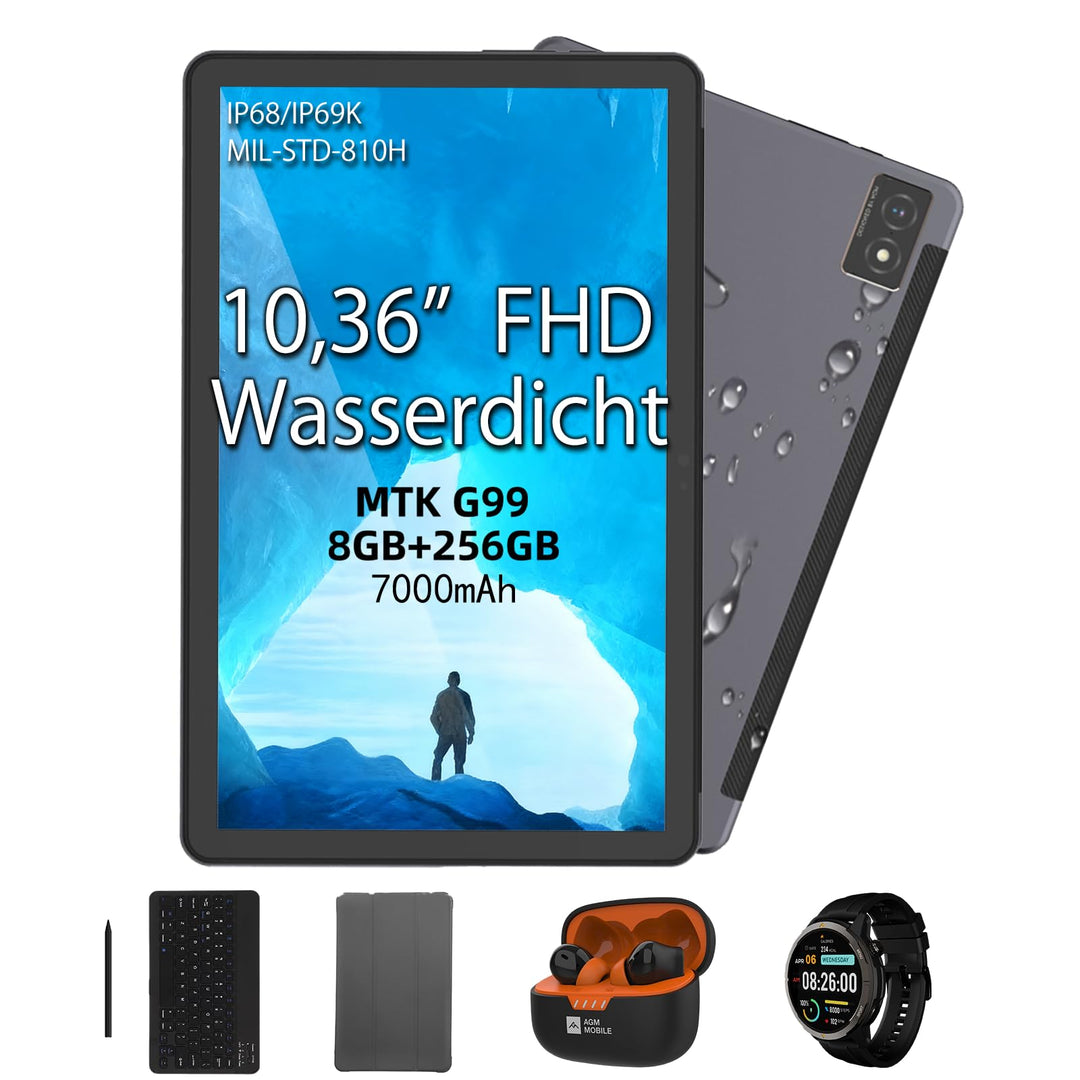 AGM PAD Outdoor Tablet mit Tastatur, Stift, Kopfhörer &amp; Watch, Android 13 10.36 Zoll FHD, 8GB+256GB