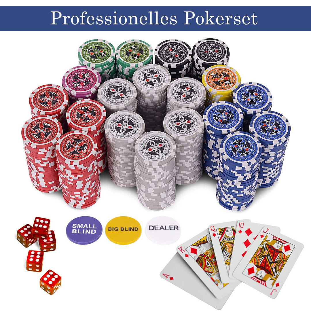 COSTWAY 500 Laser-Chips Pokerset, Poker Komplett Set mit 2 Spielkarten, 5 Würfel, 3 Händler-Chips un