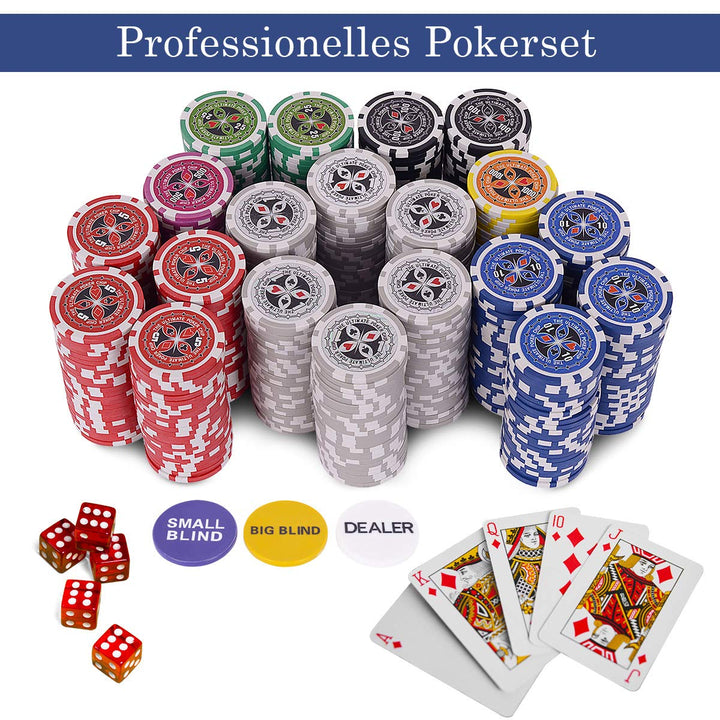 COSTWAY 500 Laser-Chips Pokerset, Poker Komplett Set mit 2 Spielkarten, 5 Würfel, 3 Händler-Chips un