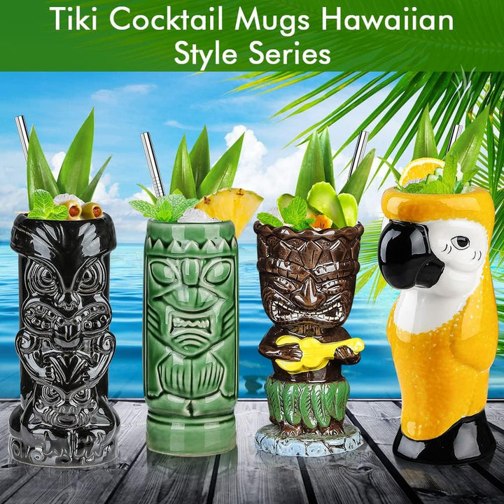 SuproBarware Tiki-Gläser für Cocktails, Tiki-Becher, 4er-Set, tropische Keramikbecher, hawaiianische