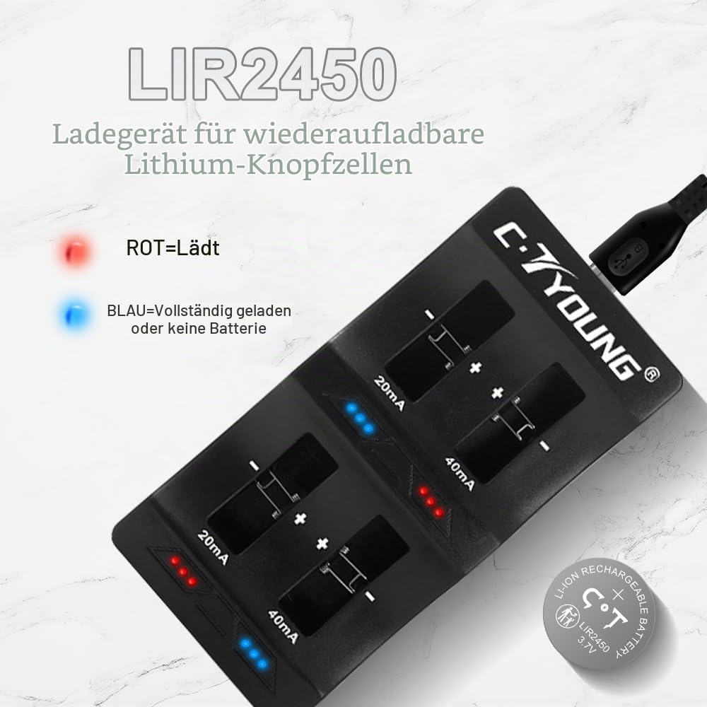 LIR2450 Lithium-Ionen-Batterien 4 Stück 3.7V wiederaufladbar mit Münzzelle-Ladegerät, das cr2450 3v