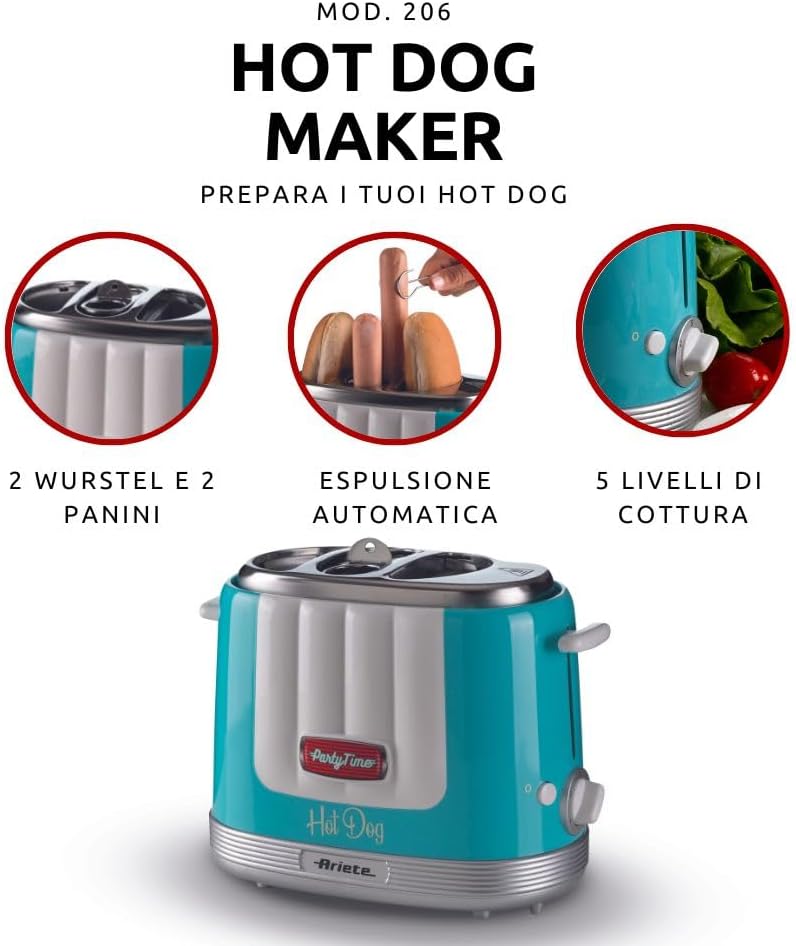 Ariete 206 Hot Dog Maker Party Time, Hot Dog Maker, 650 W, 5 Garstufen, 4 Garräume, automatischer Au