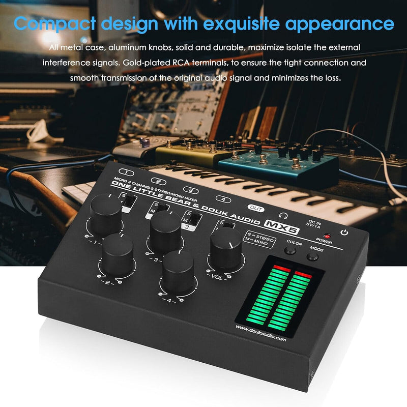 Douk Audio MX5 Mono/Stereo 4-Kanal Audio Mixer Ultra-rauscharmer Line Mixer LED Pegelmesser
