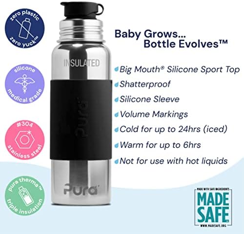 Pura Sport vakuumisolierte 650 ml Edelstahl-Wasserflasche mit Silikon-Sport-Klappverschluss und Hüll