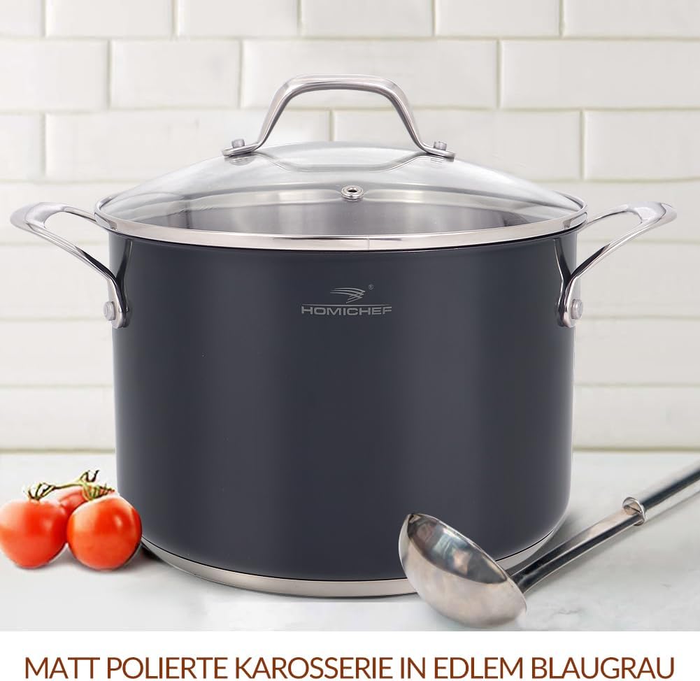 HOMICHEF Marinegrau, nickelfreier Suppentopf aus Edelstahl, 6,6 L, mit Glasdeckel (ungiftige Antihaf