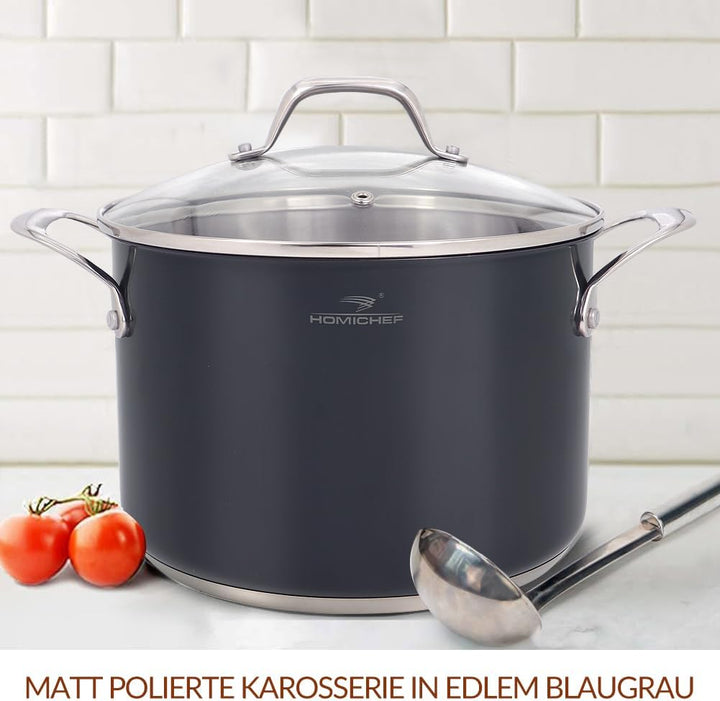HOMICHEF Marinegrau, nickelfreier Suppentopf aus Edelstahl, 6,6 L, mit Glasdeckel (ungiftige Antihaf