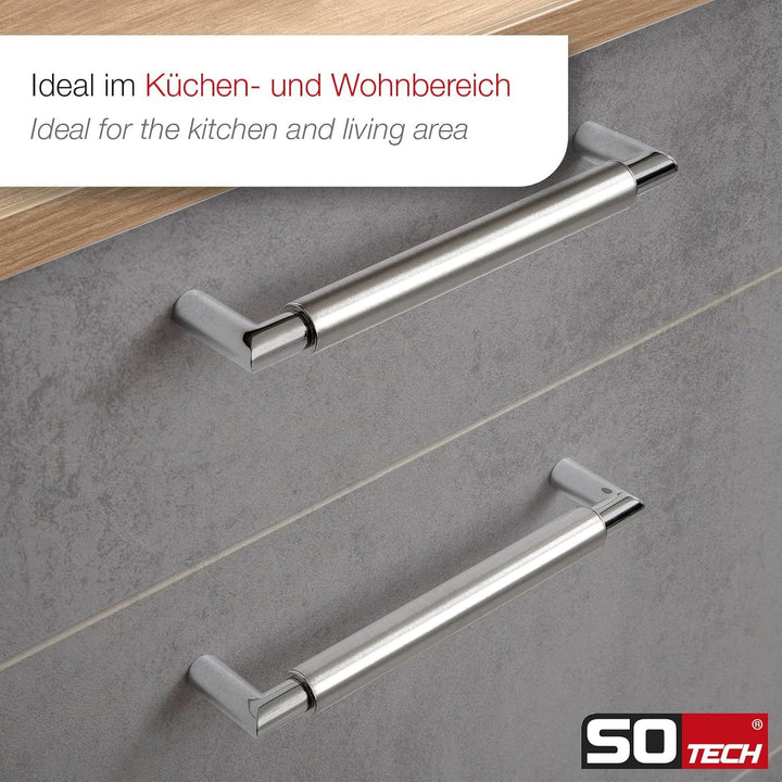 10 x SO-TECH® Möbelgriff Schrankgriff E9 echt Edelstahl BA 128 mm/Ø 16 mm mit verchromten Sockeln/De