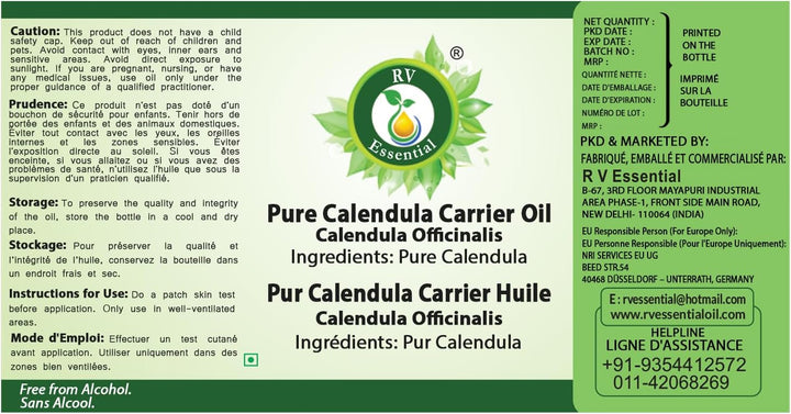 R V Essential Reines Calendula Träger Öl 50ml (1.69 Unzen) - Calendula officinalis (100% reines und