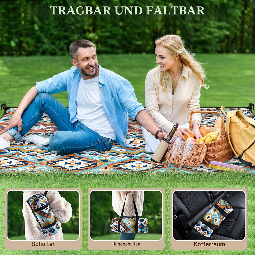 Gucass Boho Picknickdecke 200x200cm, Wasserdicht Stranddecke Sandfrei Strandmatte mit Tragegurt &amp; 4X